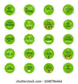Set of vector eco, bio green logo or sign. Vegan  healthy food badge, tag for cafe, restaurants, products packaging. Hand drawn leaves, branches, plant elements with lettering. Circle organic design.