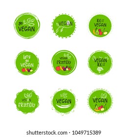 Set of vector eco, bio green logo or sign. Vegan  healthy food badge, tag for cafe, restaurants, products packaging. Hand drawn leaves, branches, plant elements with lettering. Circle organic design.