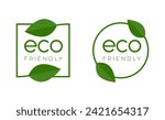 Set of vector eco friendly icons. Collection of ecological organic and natural food product labels. Ecologically friendly product sign in square and round shape isolated. Ecology concept. Vector