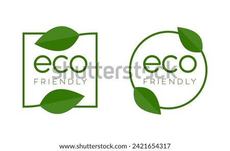 Set of vector eco friendly icons. Collection of ecological organic and natural food product labels. Ecologically friendly product sign in square and round shape isolated. Ecology concept. Vector