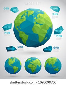 Set of vector eco globes - geometric modern style with polygons.