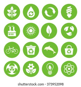 Set of vector Eco Icons in flat style, white on green basis. Ecology, Nature, Energy, Environment and Recycle Icons.