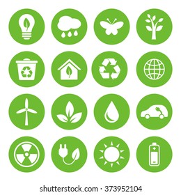Set of vector Eco Icons in flat style, white on green basis. Ecology, Nature, Energy, Environment and Recycle Icons.