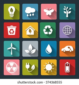 Set of vector Eco Icons in flat style with long shadows. White crown icons on colored basis. Ecology, Nature, Energy, Environment and Recycle Icons.
