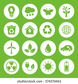 Set of vector Eco Icons in flat style, green on white basis. Ecology, Nature, Energy, Environment and Recycle Icons.