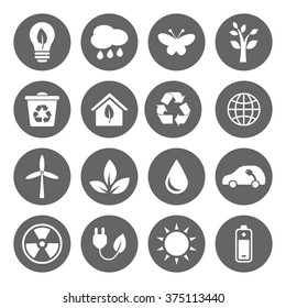 Set of vector Eco Icons in flat style, white on grey basis. Ecology, Nature, Energy, Environment and Recycle Icons.