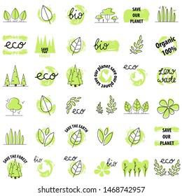 Set of vector eco icons. Icons leaves, eco, forest conservation, bio, 100% organic, trees. We will save our planet. Ecological agitation, non-waste production. Frames, logos and icons.