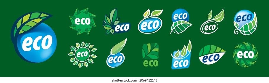 A set of vector eco icons on a green background
