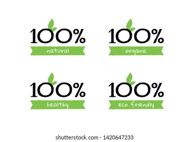 Set of vector eco label template. Abstract green ribbon with text "100% natural, healthy, organic, eco friendly" and leaf. Concept of green ecology food. Design for presentation, poster, sticker.