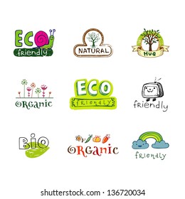Set of vector eco labels in doodle hand-drawn style