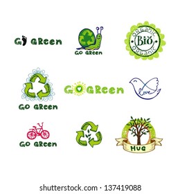 Set of vector eco labels in doodle hand-drawn style