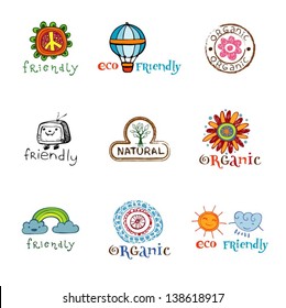 Set of vector eco labels in doodle hand-drawn style