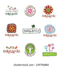 Conjunto de rótulos ecológicos vetoriais em estilo de desenho à mão