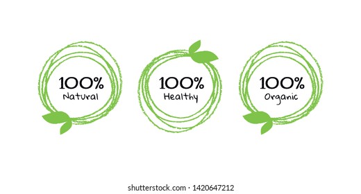 Set of vector eco sticker design template. Abstract pen brush green circle with leaf and text "100% natural, healthy, organic" Concept of green ecology food. Design for presentation, poster, wrapping.