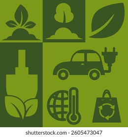Set of vector eco-friendly icons in green tones representing sustainability, clean energy, electric cars, and recycling. Isolated on white background.
