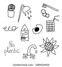 Set of vector ecology of elements. Lettering sunlower,no plastic,wooden brush,home,shower,eco,avocado,metal can,cotton disks, crane,bamboo toothbrush,eco packing,fruit and vegetable bag doodle.