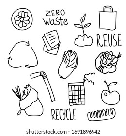 Set of vector ecology of elements. Lettering, reuse, zero waste, recycle, apple, paper, newspaper, cotton, Eco bag for fruits and vegetables, cabbage, bag, metal tube, food tools, wooden brush doodle.