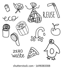 Set of vector ecology of elements. Lettering reuse,penguin, wooden rash,metal tube,battery,zero waste,eco,apple,metal can,organic sponge,cotton,plug,tap doodle.