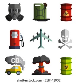 set of vector ecology icon image objects polluting the environment, nuclear and biological weapons