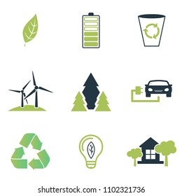 Set vector ecology icons collection in flat design. Clean air, recyclable item for web design, presentations and mobile apps. Set ecology icons on white background. Green elements.