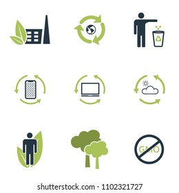 Set vector ecology icons with gree elements collection in flat design. Clean air, recyclable item for web design, presentations and mobile apps. Set ecology icons on white background.