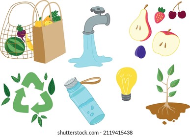 Set of vector ecology illustrations. Stickers about saving energy and water, recycling, refusing plastic, love for the planet and nature.
