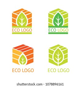 Set of vector ecology logotypes, symbols. Green packaging. Leaf and box.