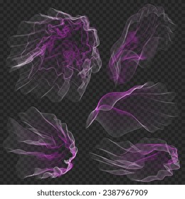 Set of vector editable abstract pink elements on transparent background. Gradient effect of wavy lines flowing like folds of fabric or particles. Design element for website background, web, poster