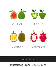 A set of vector editable fruits illustration: guava, apple, durian, dragon fruit. Leaf, slice, seeds.  Flat simple style.