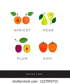 A set of vector editable fruits illustration: apricot, green pear, blue plum, kaki. Leaf, slice, seeds.  Flat simple style.