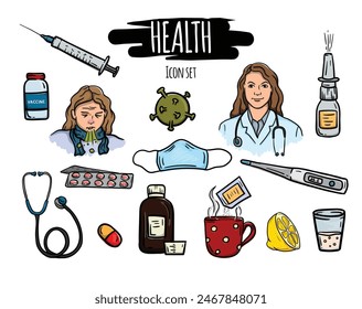 Set of vector editable icons of health, covid, vaccination and disease prevention. Bright color illustration hand drawn