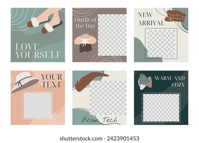 Set of vector editable square post templates for social media. Concept for fashionable women banners or advertising flyers, flat style.