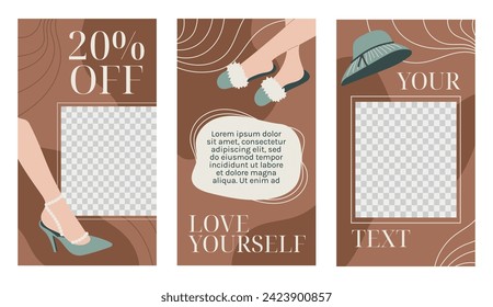 Set of vector editable story templates for social media. Concept for fashionable women banners or advertising flyers, flat style.