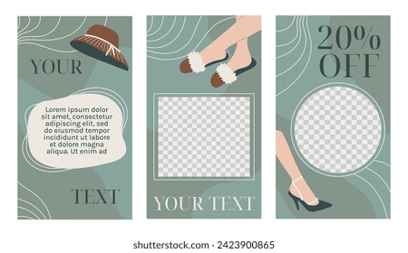 Set of vector editable story templates for social media. Concept for fashionable women banners or advertising flyers, flat style.