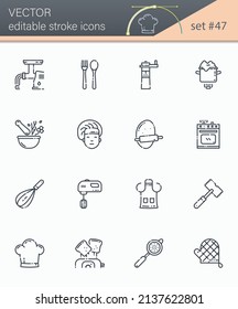 Set of vector editable stroke line icons of kitchen utensils, cooking tools and equipment isolated on white transparent background. 