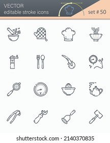 Conjunto de iconos de línea de trazo modificables vectoriales de utensilios de cocina, herramientas de cocina y equipos aislados en fondo transparente blanco. 