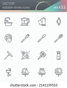 Set of vector editable stroke line icons of kitchen utensils, cooking tools and equipment isolated on white transparent background. 