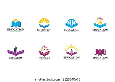 Conjunto de elementos de diseño del logotipo de educación vectorial, iconos, emblemas. Símbolo lineal de libro abierto, sol, globo, árbol y bombilla. Educación en línea, formación, concepto de aprendizaje.