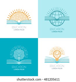 Set of vector education logo, icons, emblems design elements. Open book, sun, globe, tree and and light bulb linear symbol. Online education, training, learning concept.