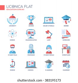 Set of vector education thin line flat design icons and pictograms. Collection of  infographics objects. University, awards, science, e-books, professor, e-learning, calendar