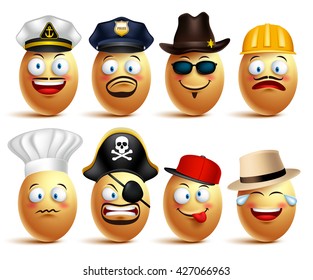 Set of vector egg faces of professionals with caps in emotions and facial expressions isolated in white background. Vector illustration
