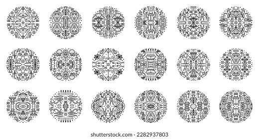 Conjunto de plantillas de portada vectoriales de Egipto, círculos decorativos africanos, formas geométricas étnicas. Decoración de arte blanco y negro con formas redondeadas.