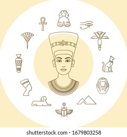 Conjunto de símbolos vectoriales de Egipto y elementos gráficos con puntos de referencia, signos tradicionales y famosos símbolos egipcios con la ilustración de la reina de Egipto Nefertiti en perfil.