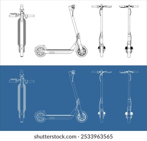 set vector electric scooter modern eco friendly vehicles line art draw blueprint from all view top corner side back isolated in transparent background 