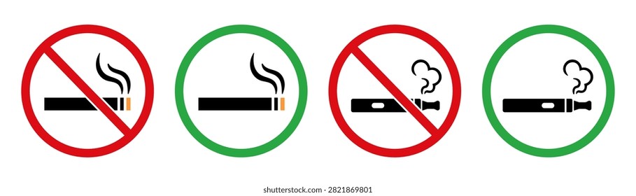 Set of vector electronic cigarette and regular cigarette icons with red prohibition circles and green permission circles. Perfect for public places, signage, vaping policy notices, restaurants, and health-related web design concepts. Isolated on a white background.