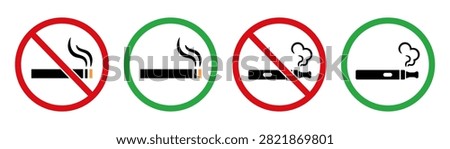 Set of vector electronic cigarette and regular cigarette icons with red prohibition circles and green permission circles. Perfect for public places, signage, vaping policy notices, restaurants, and health-related web design concepts. Isolated on a white background.
