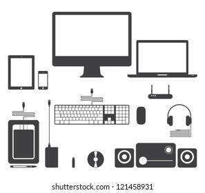 Set of vector electronic device icons for websites (UI) or smartphones and tablets applications (app). Computer, monitor, notebook, keyboard, mouse, speakers, laptop, headphones, network