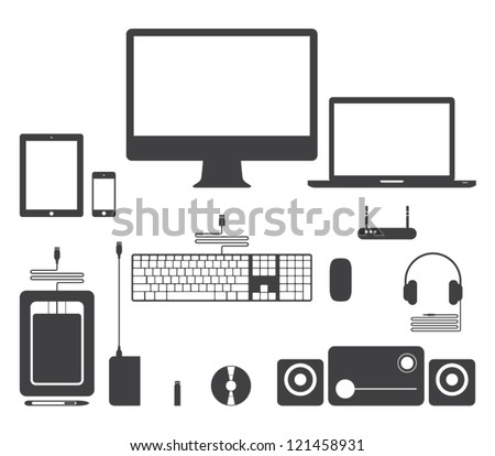 Set of vector electronic device icons for websites (UI) or smartphones and tablets applications (app). Computer, monitor, notebook, keyboard, mouse, speakers, laptop, headphones, network