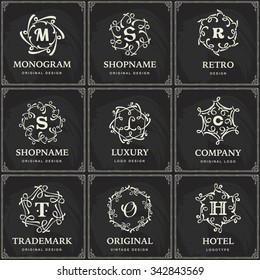 set of vector elegance manuscript fashionable seal flourishes guide partnership monogram labels on chalkboard straight classical royal royalty abstraction edge modern mark stylish ornate luxurious bea