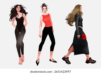 Set of the vector elegant beautiful fashion girls in modern casual clothes. Stylish look. Hand drawn cartoon trendy style female characters in elegant outfit. Creative art for fashionable design.